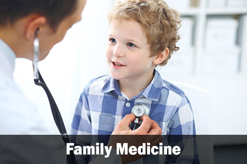 A doctor listening to a smiling child's heart beat with their stethoscope. There is a text overlay that says "Family Medicine."