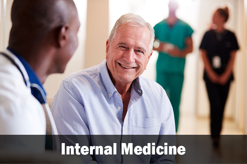 A doctor and patient sitting and smiling with other medical professionals walking and talking in the background. There is a text overlay that says "Internal Medicine."