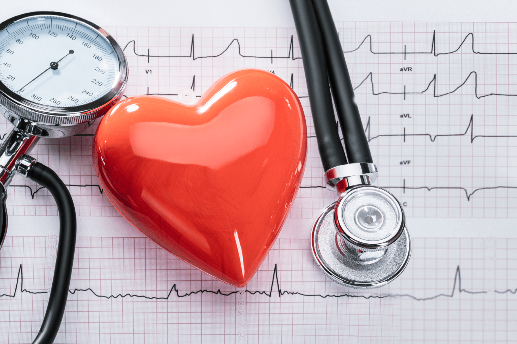 Care Connections Heart_01 A stethoscope. the dial of a blood pressure sensor, and a shiny red heart charm sit atop a piece of graph paper with heart rate monitoring lines drawn of it.